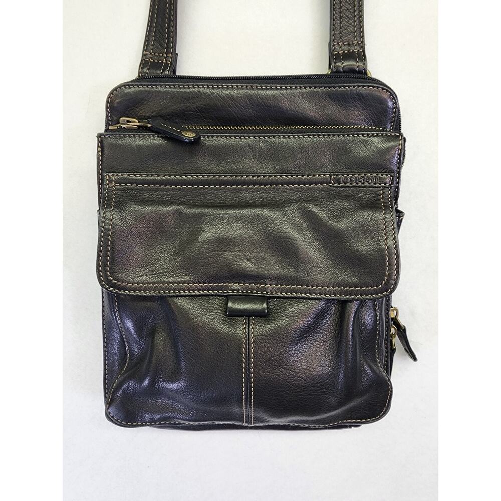 Fossil Black Pebble Leather Organizer Crossbody Minimalist Travel Bag Purse